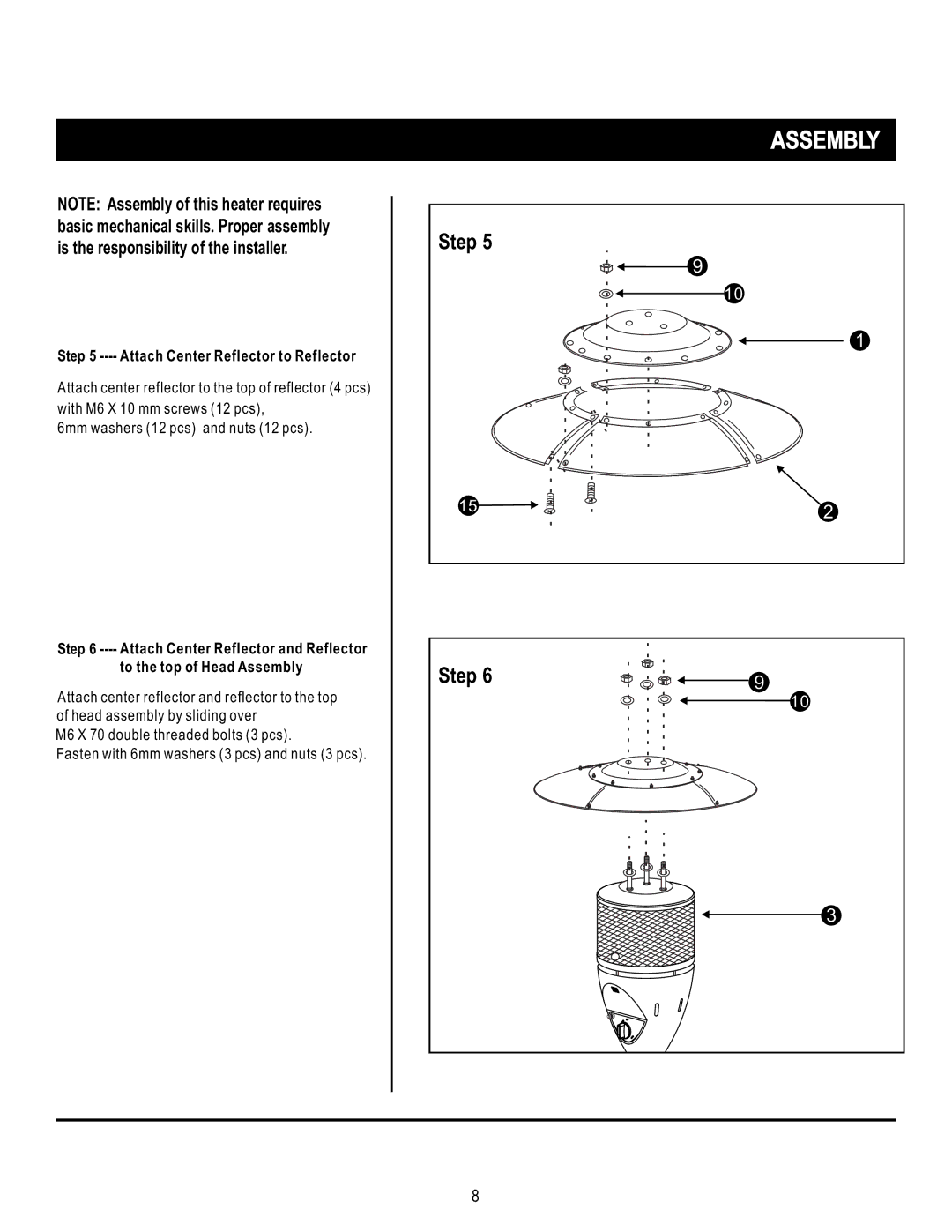 Mr. Heater SRPH02S manual Step, Attach Center Reflector to Reflector 