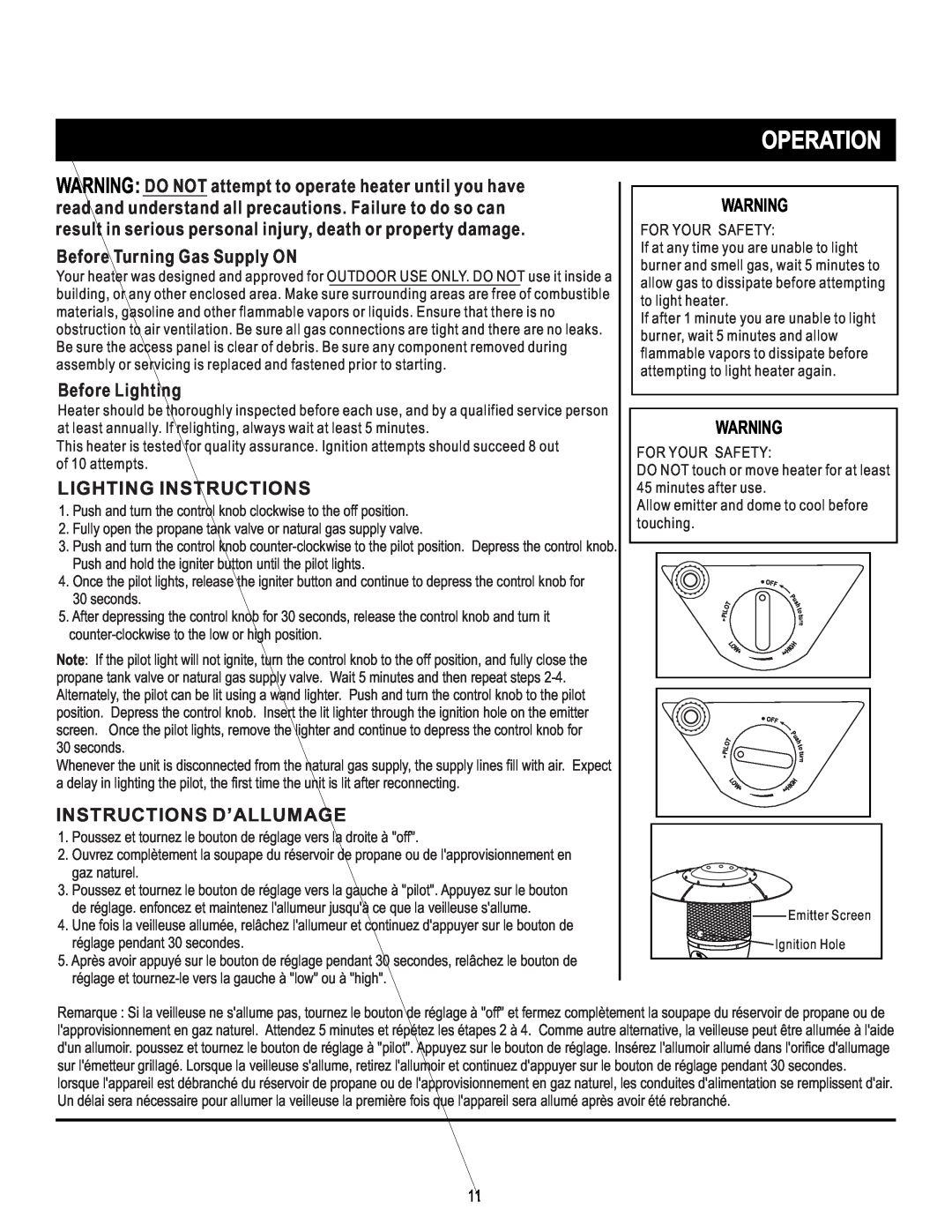 Mr. Heater SRPH02S manual Operation, Before Turning Gas Supply ON, Before Lighting, Lighting Instructions 