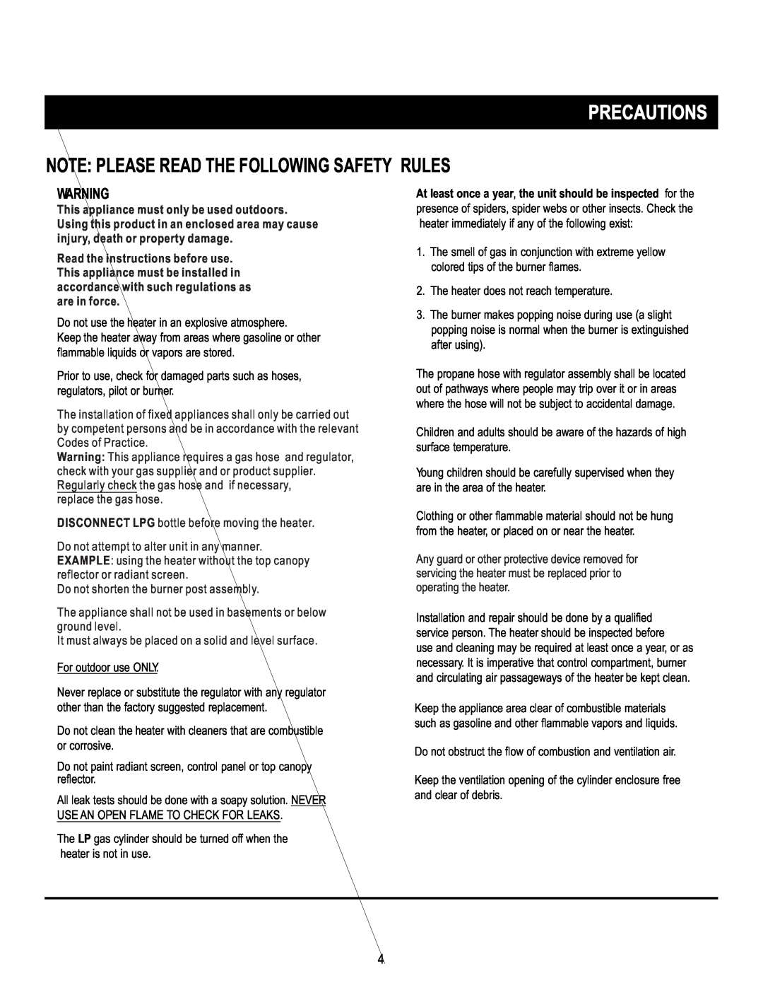 Mr. Heater SRPH02S manual Precautions, Note Please Read The Following Safety Rules 