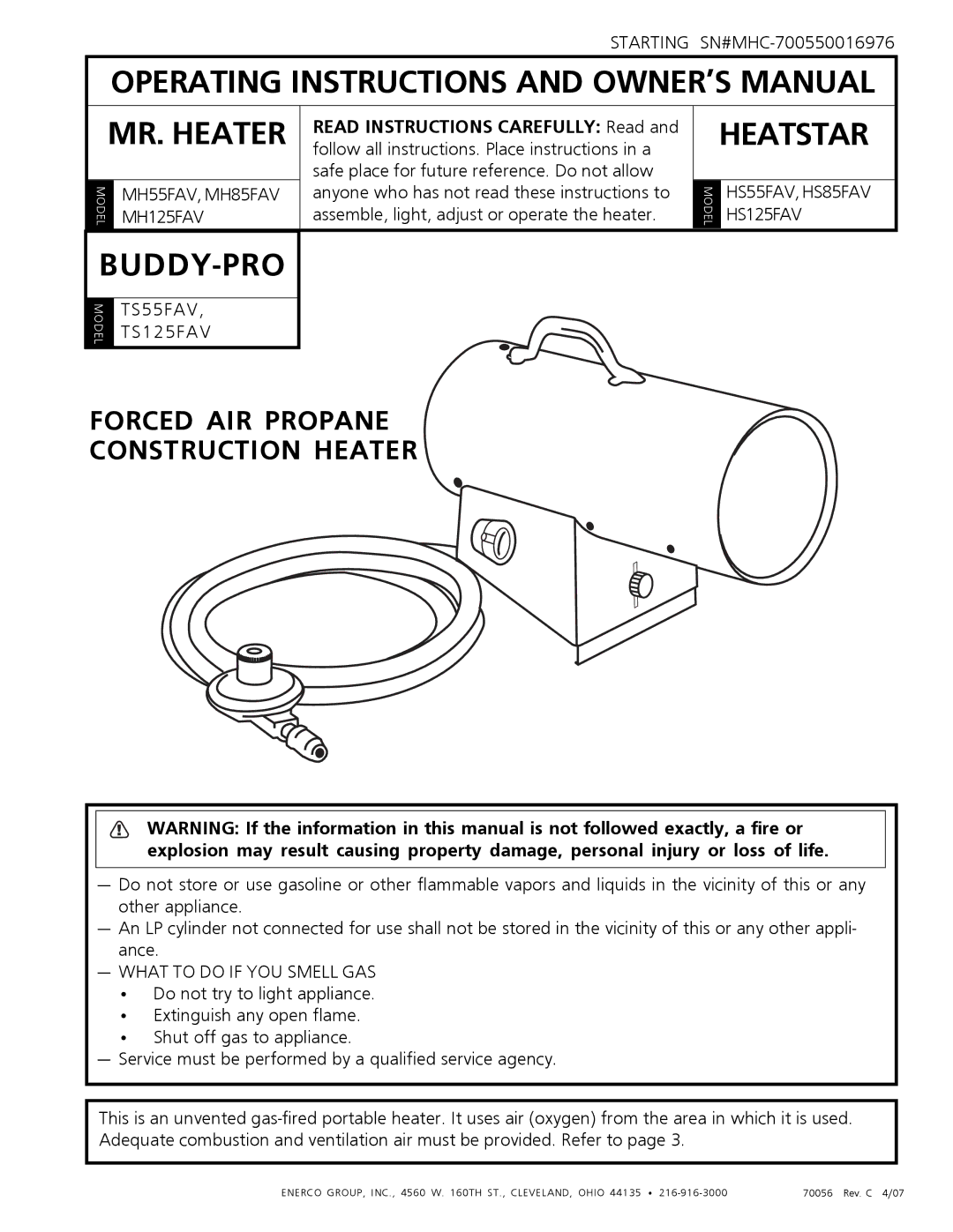 Mr. Heater MH55FAV, TS55FAV, TS125FAV, HS55FAV, HS85FAV, HS125FAV, MH125FAV, MH85FAV owner manual Heatstar 