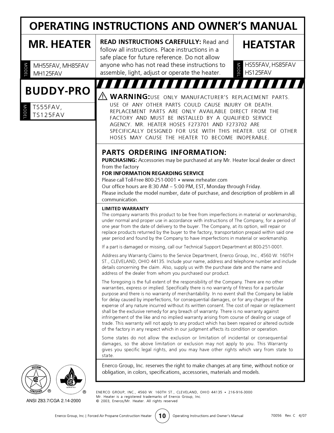 Mr. Heater TS125FAV, TS55FAV, MH55FAV, HS55FAV, HS85FAV, MH85FAV Parts Ordering Information, For Information Regarding Service 