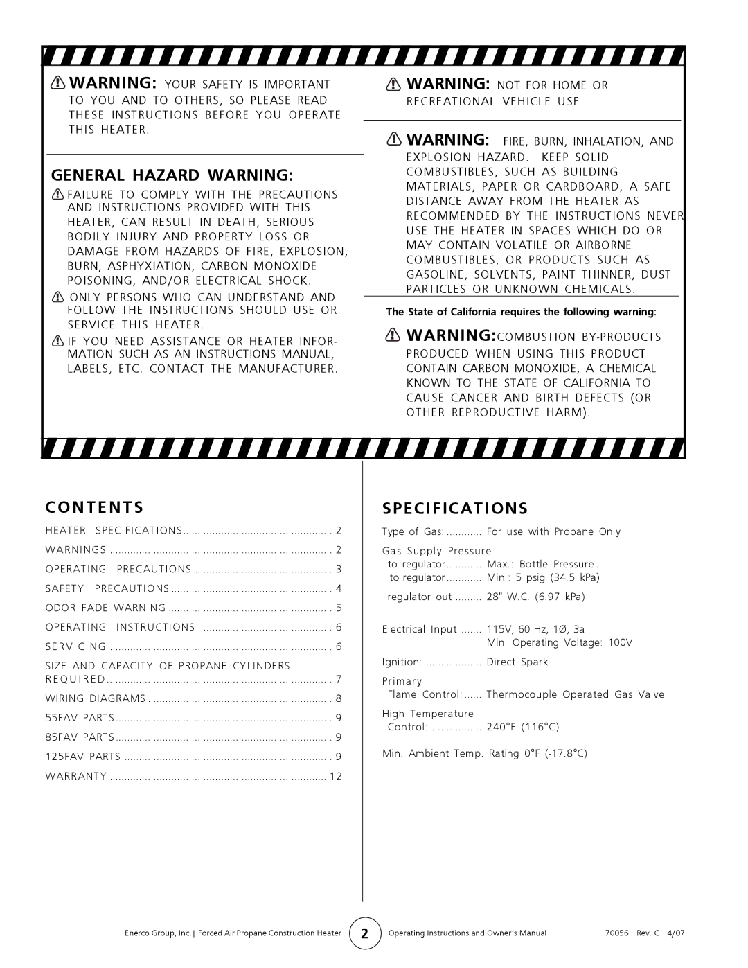 Mr. Heater TS125FAV, TS55FAV, MH55FAV, HS55FAV, HS85FAV, HS125FAV, MH125FAV General Hazard Warning, N T E N T S, Specifications 