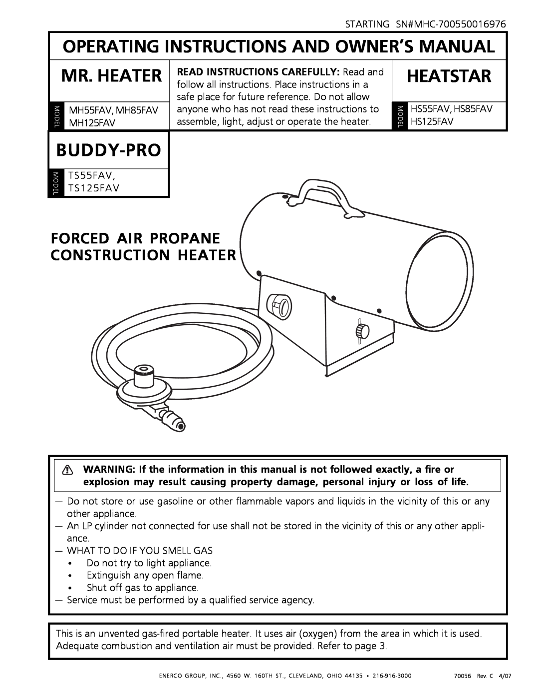 Mr. Heater MH55FAV, TS55FAV owner manual Mr. Heater, Heatstar, Buddy-Pro, Forced Air Propane Construction Heater, MH125FAV 