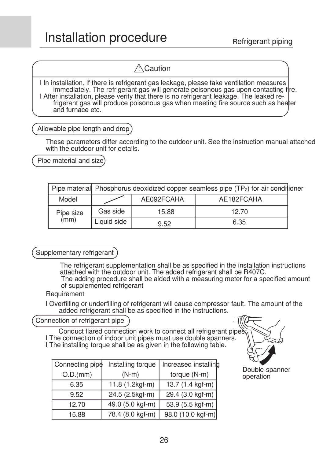 MRV Communications AE182FCAHA manual Refrigerant piping, Allowable pipe length and drop Pipe material and size, Requirement 