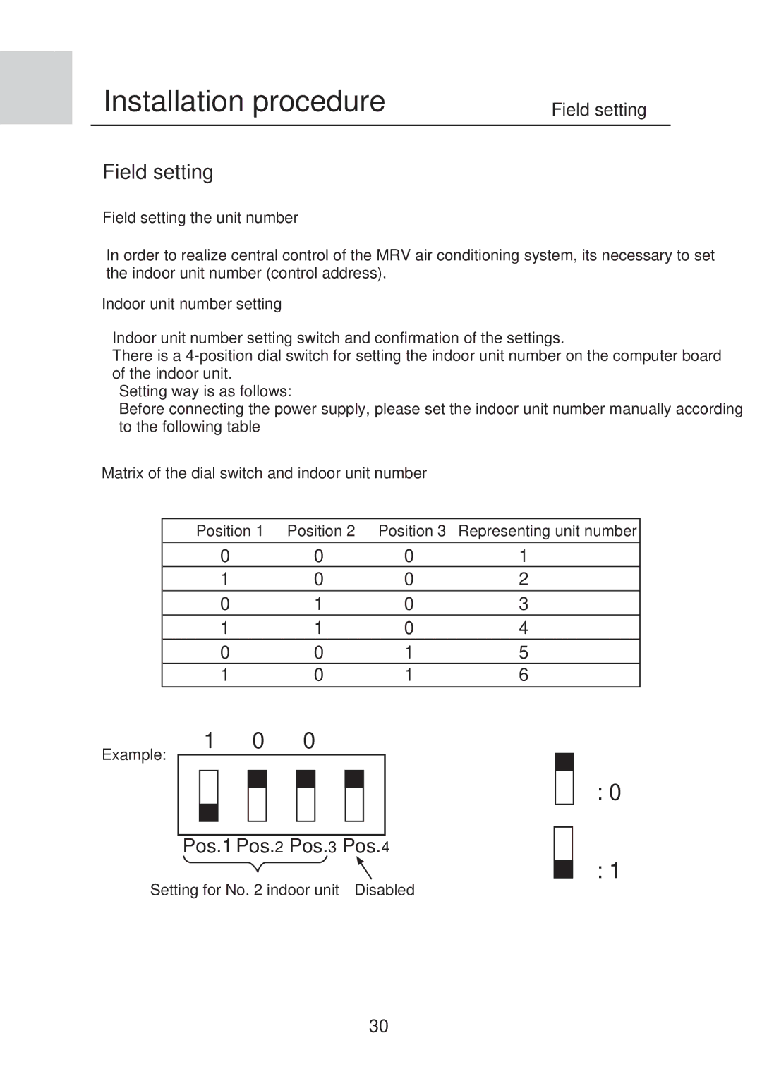 MRV Communications AE182FCAHA, AE092FCAHA manual Field setting the unit number, Indoor unit number setting, Example 