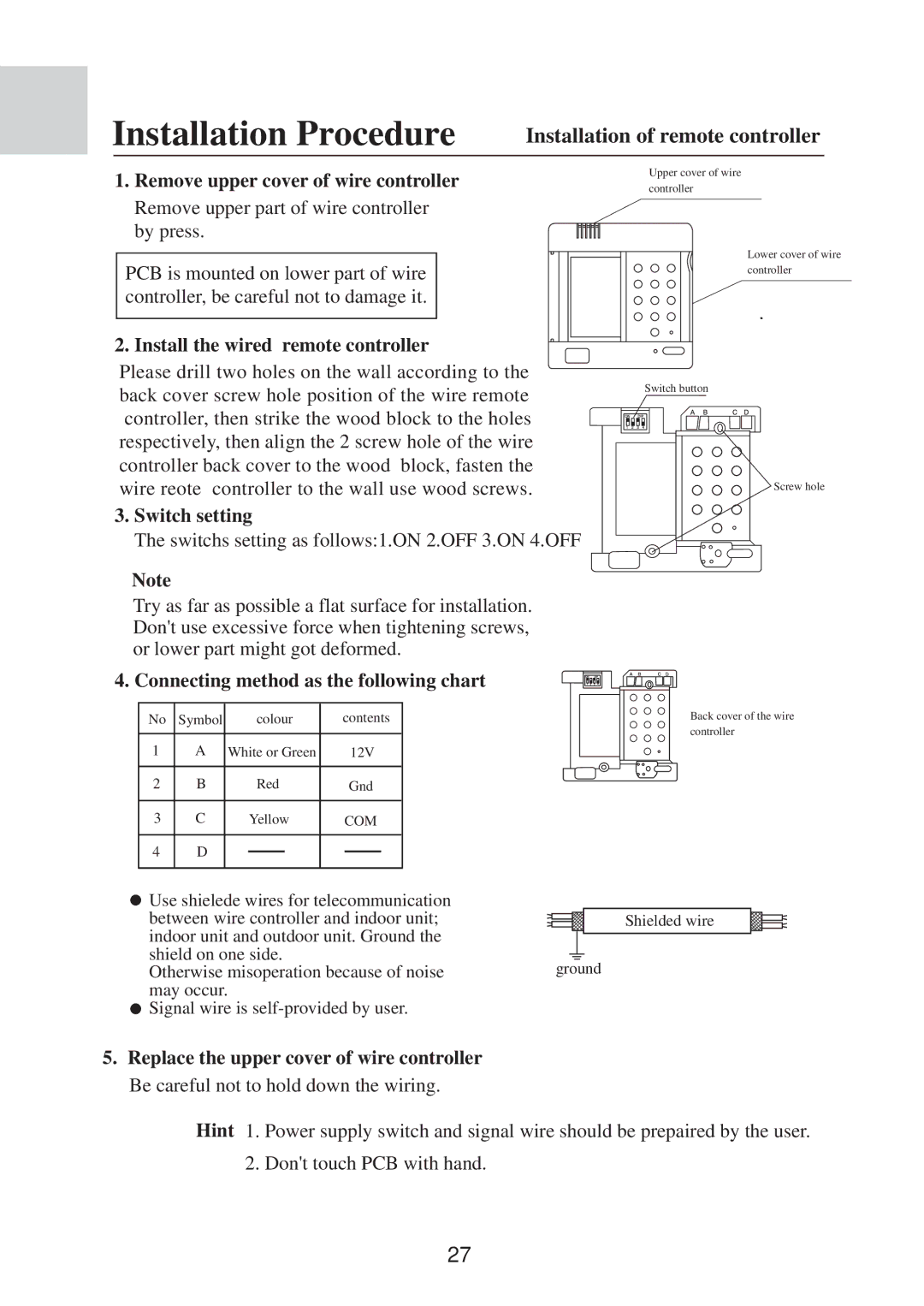 MRV Communications AE142FCAKA, AE212FCAKA Installation of remote controller, Remove upper cover of wire controller 