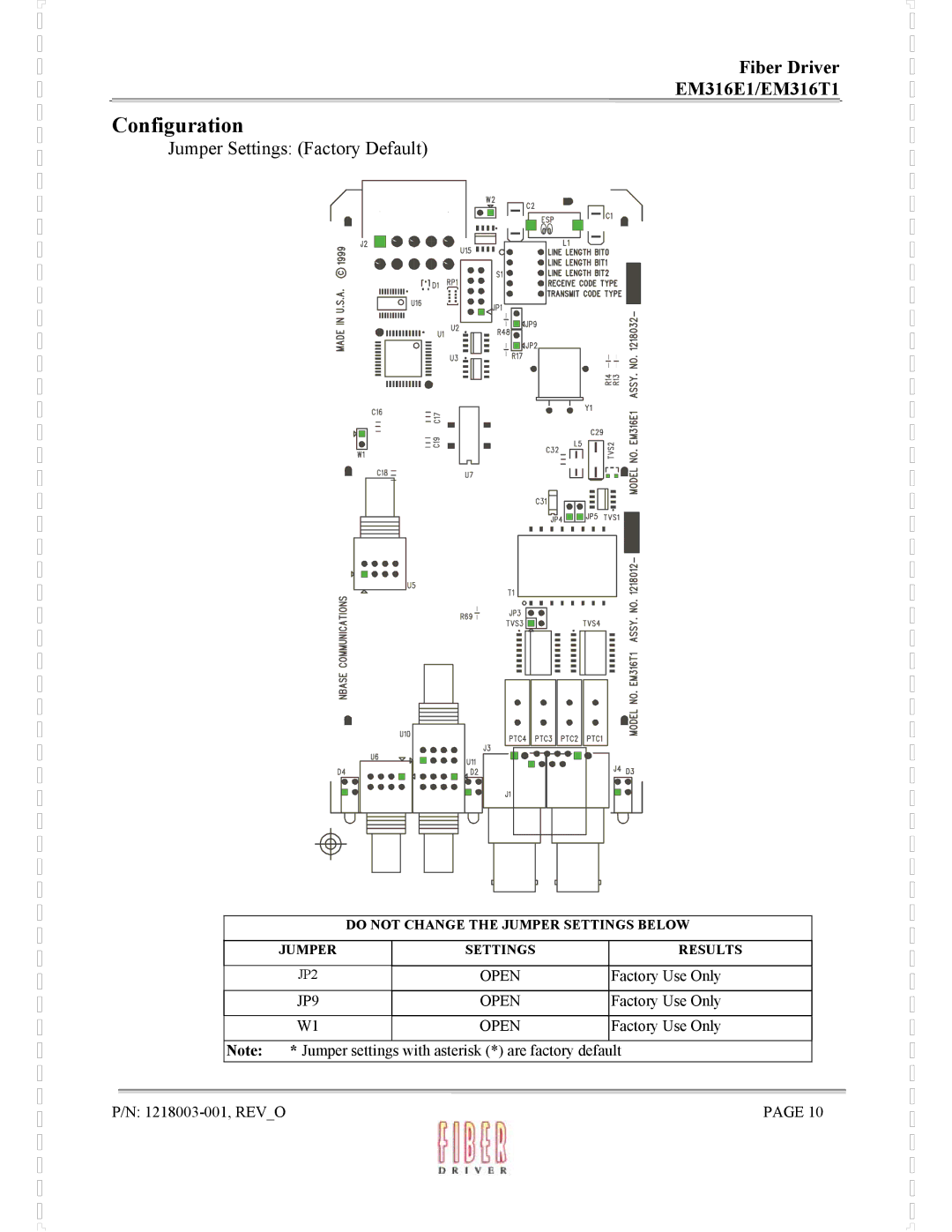 MRV Communications EM316E1, EM316T1 manual Configuration, Jumper Settings Factory Default 