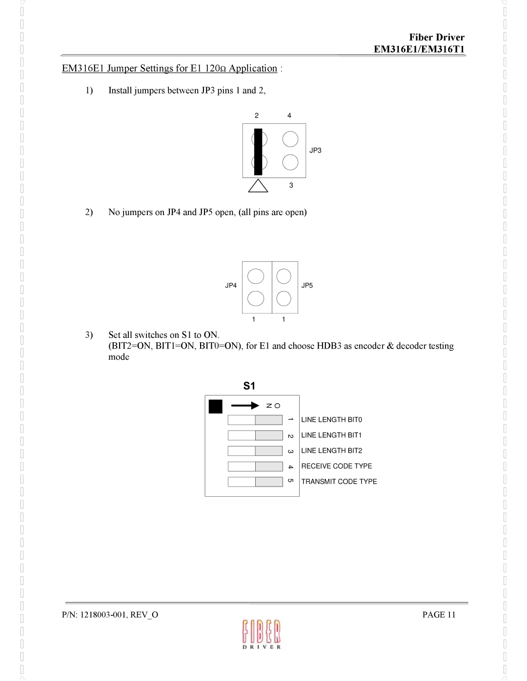 MRV Communications EM316T1 manual EM316E1 Jumper Settings for E1 120Ω Application 