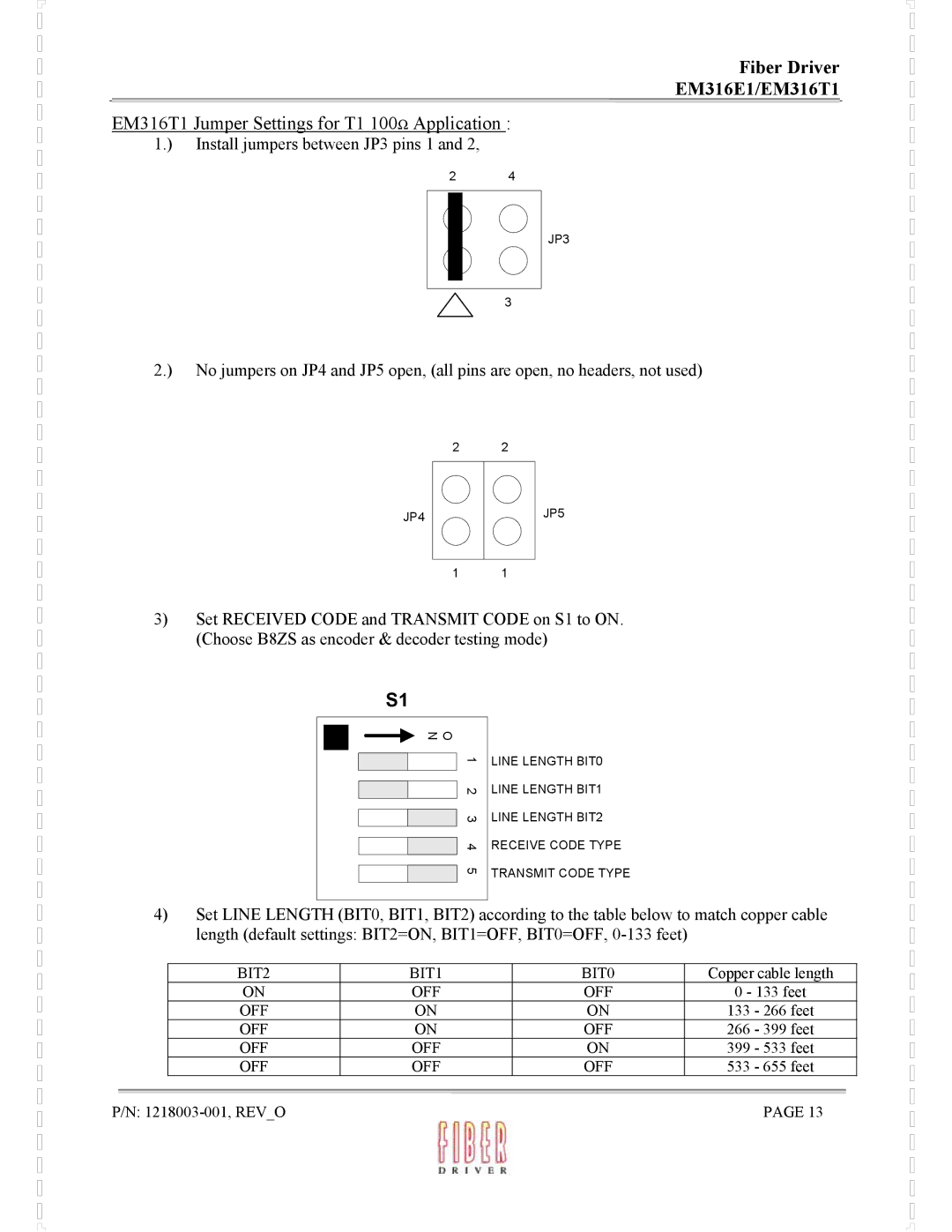 MRV Communications EM316E1 manual EM316T1 Jumper Settings for T1 100Ω Application 