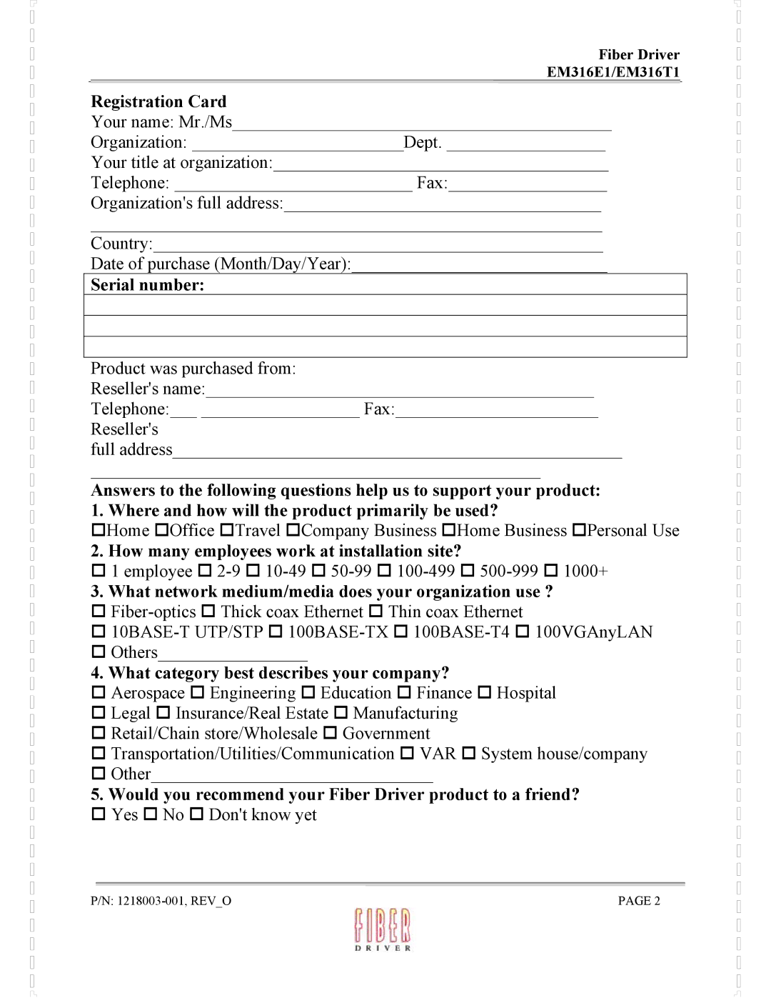 MRV Communications EM316E1, EM316T1 manual Registration Card, Serial number, How many employees work at installation site? 