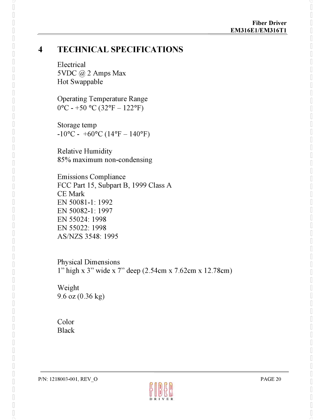 MRV Communications EM316E1, EM316T1 manual Technical Specifications 