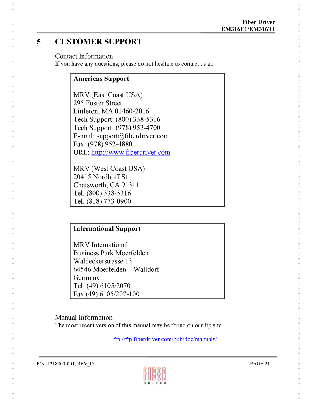 MRV Communications EM316T1, EM316E1 manual Customer Support, Americas Support, International Support 