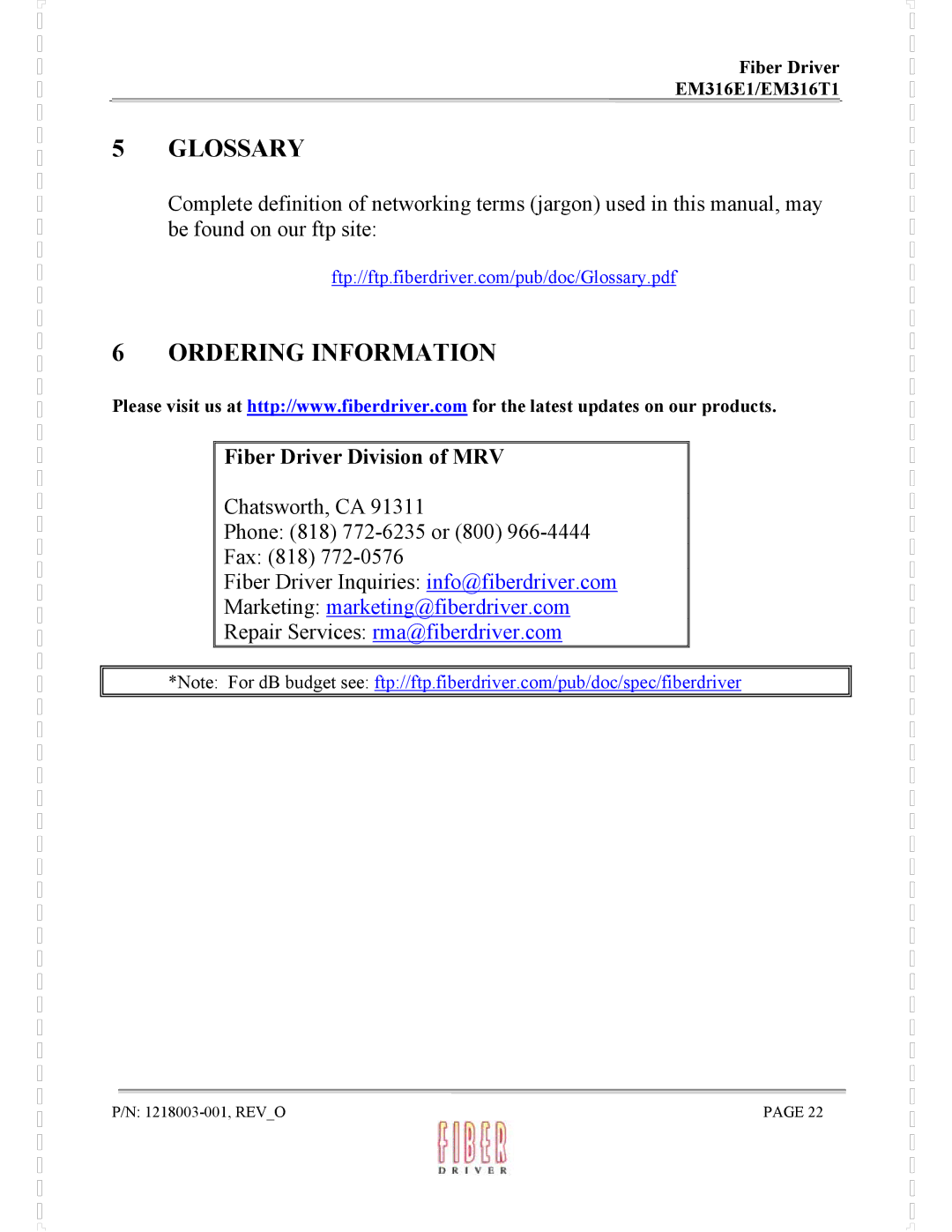 MRV Communications EM316E1, EM316T1 manual Glossary, Ordering Information, Fiber Driver Division of MRV 