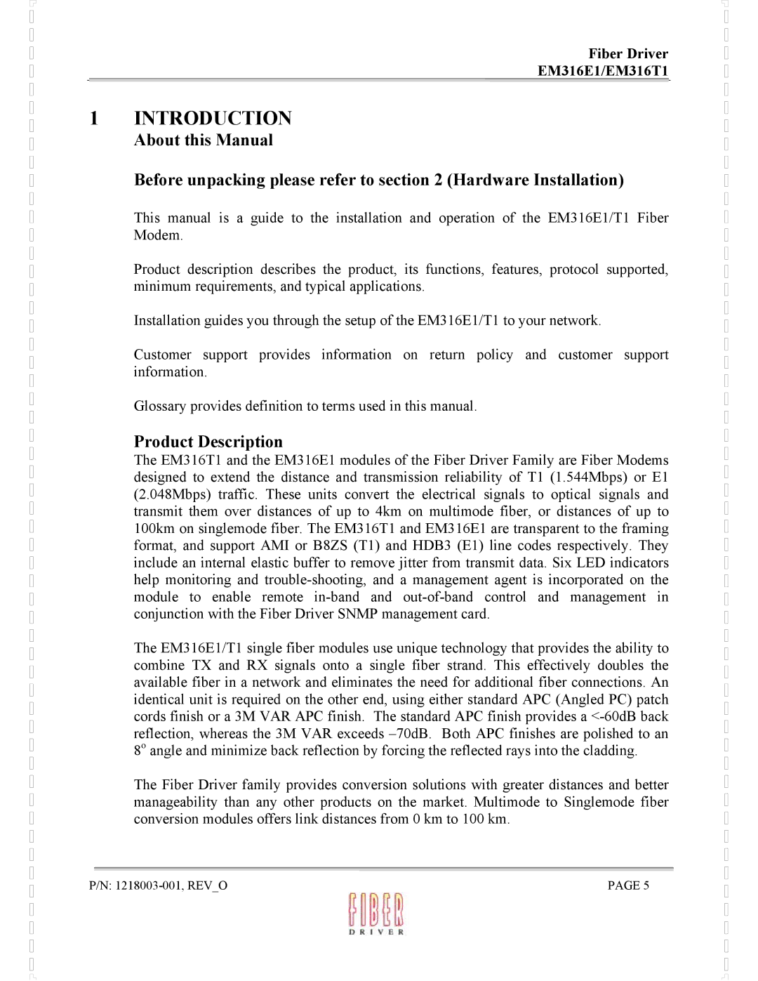 MRV Communications EM316T1, EM316E1 manual Introduction, Product Description 