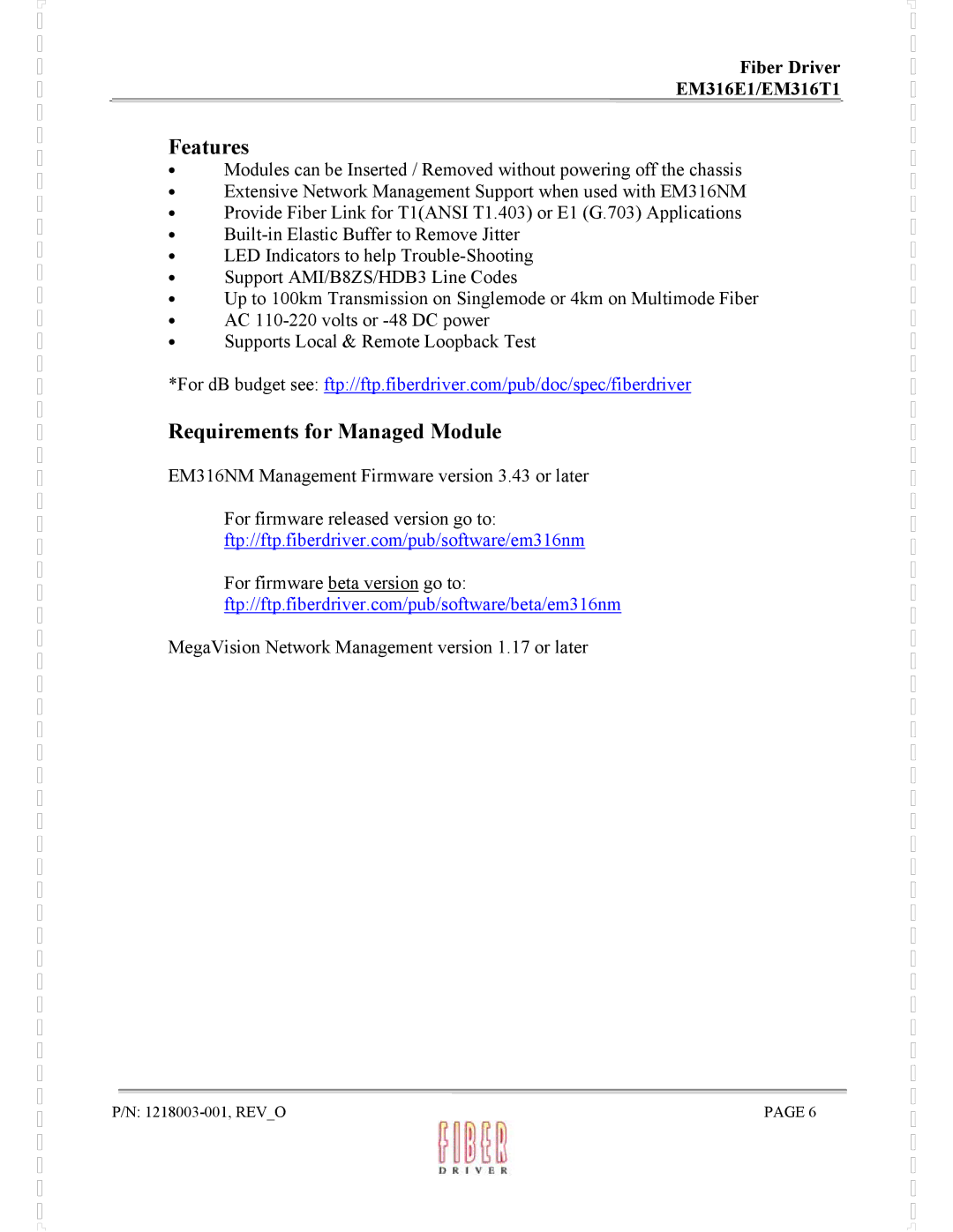 MRV Communications EM316E1, EM316T1 manual Features, Requirements for Managed Module 