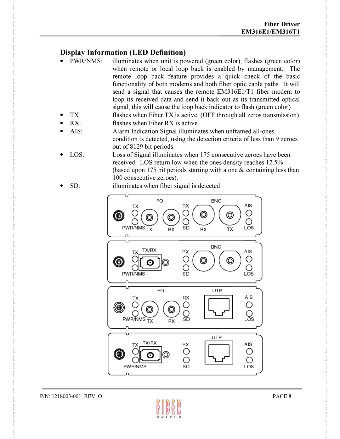 MRV Communications EM316E1 Display Information LED Definition, Alarm Indication Signal illuminates when unframed all-ones 