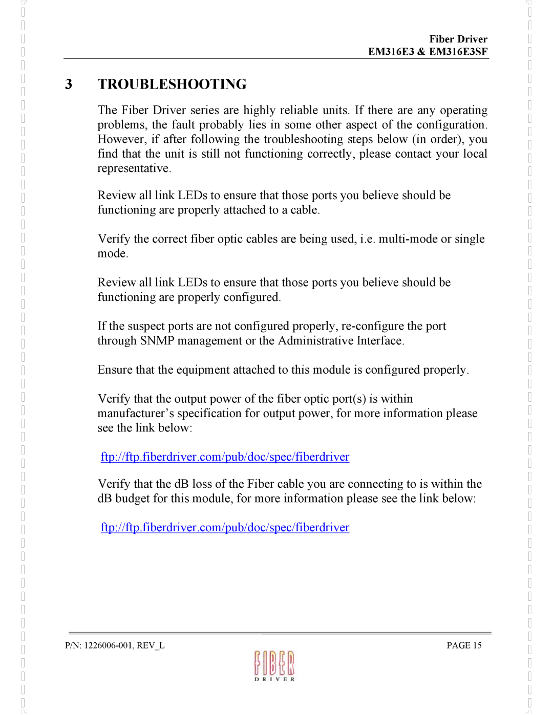 MRV Communications EM316E3SF manual Troubleshooting 