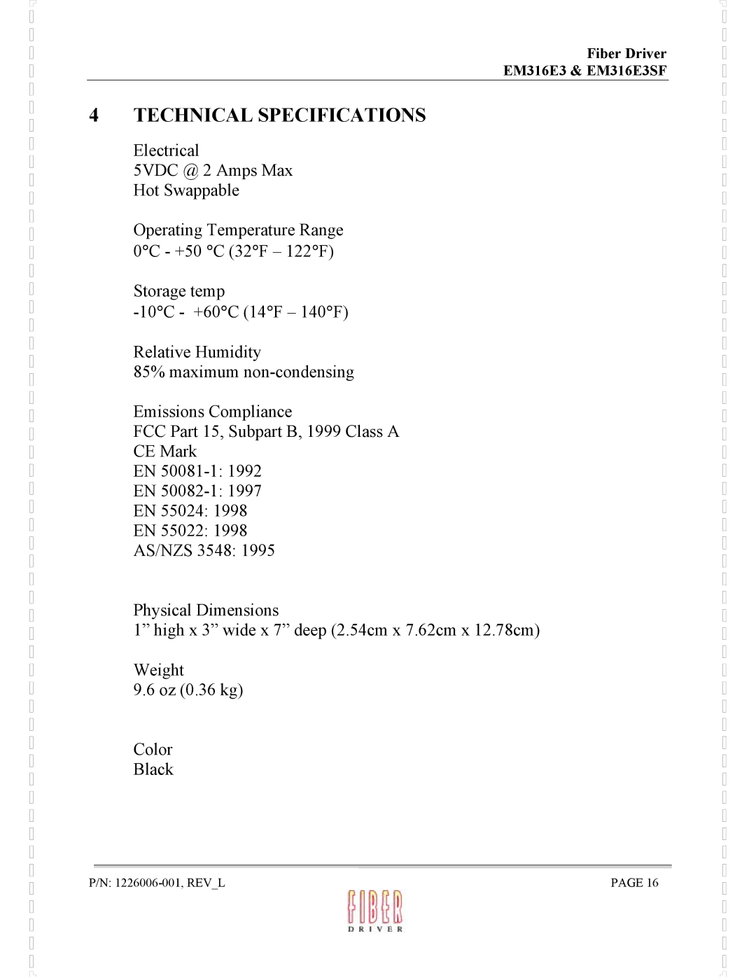 MRV Communications EM316E3SF manual Technical Specifications 