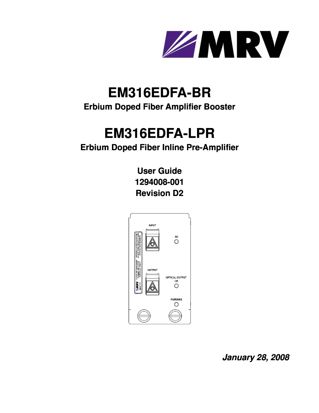 MRV Communications EM316EDFA-LPR manual EM316EDFA-BR, Erbium Doped Fiber Amplifier Booster, January 