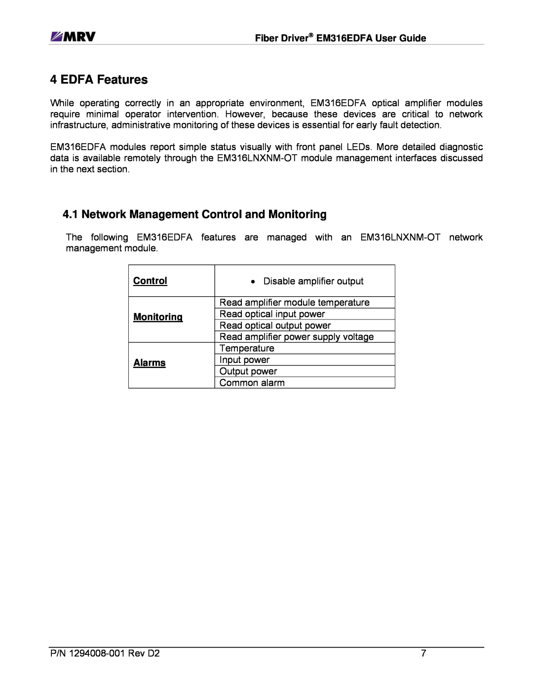MRV Communications EM316EDFA-BR, EM316EDFA-LPR manual EDFA Features, Network Management Control and Monitoring 