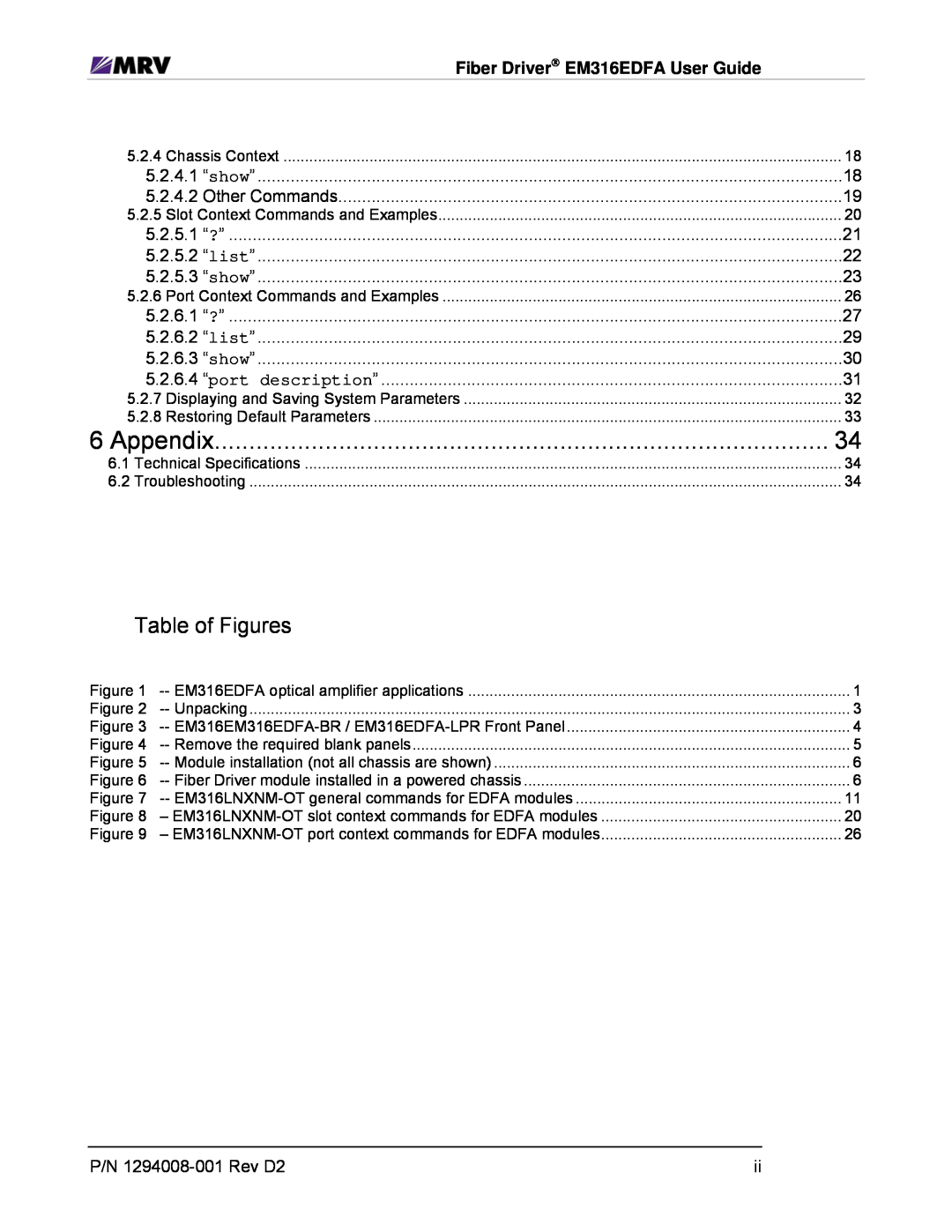 MRV Communications EM316EDFA-LPR, EM316EDFA-BR manual Appendix, Table of Figures 