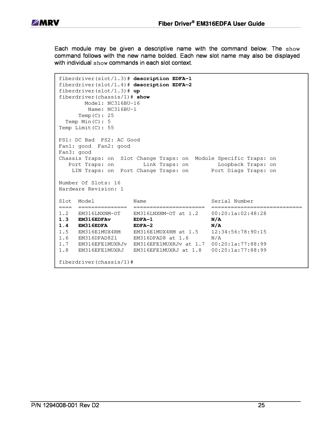 MRV Communications EM316EDFA-BR, EM316EDFA-LPR manual P/N 1294008-001Rev D2, EM316EDFAv, EDFA-1, EDFA-2 