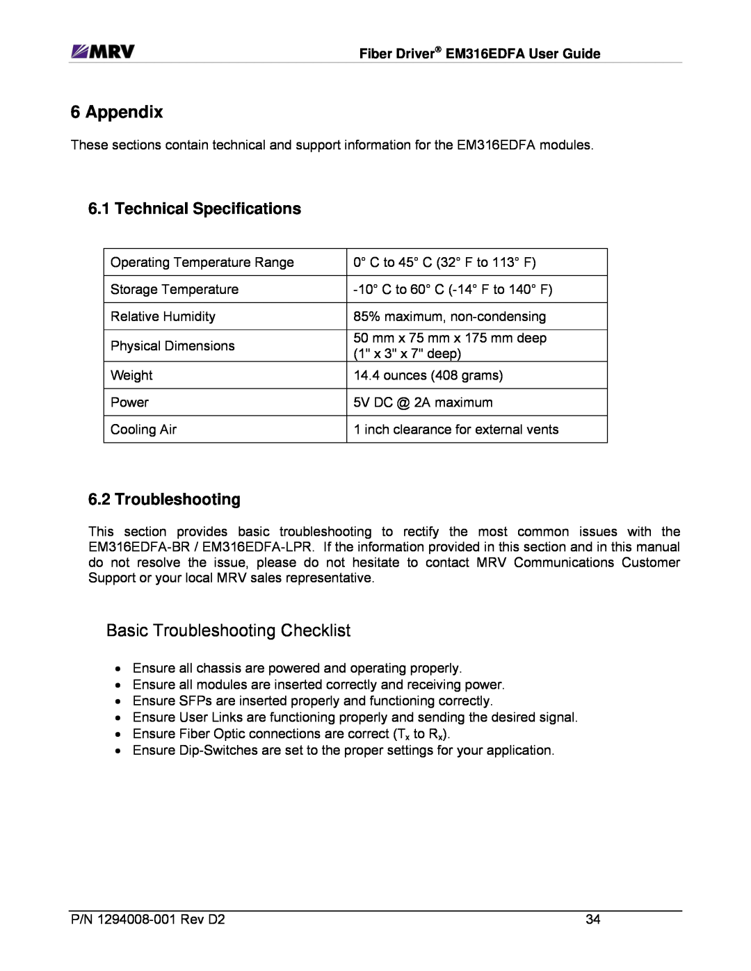 MRV Communications EM316EDFA-LPR, EM316EDFA-BR manual Appendix, Basic Troubleshooting Checklist, Technical Specifications 