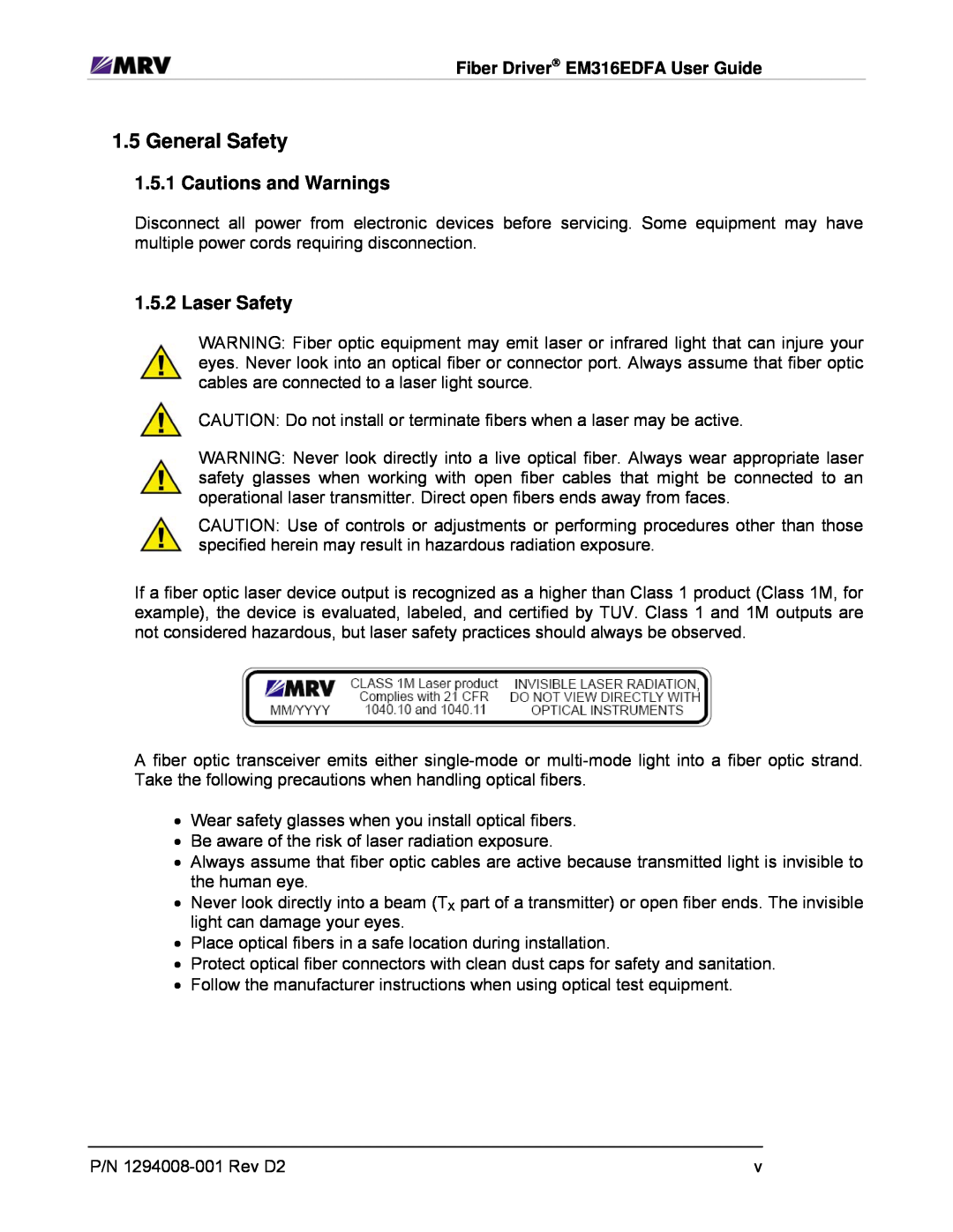 MRV Communications EM316EDFA-BR, EM316EDFA-LPR manual 1.5General Safety, 1.5.1Cautions and Warnings, Laser Safety 