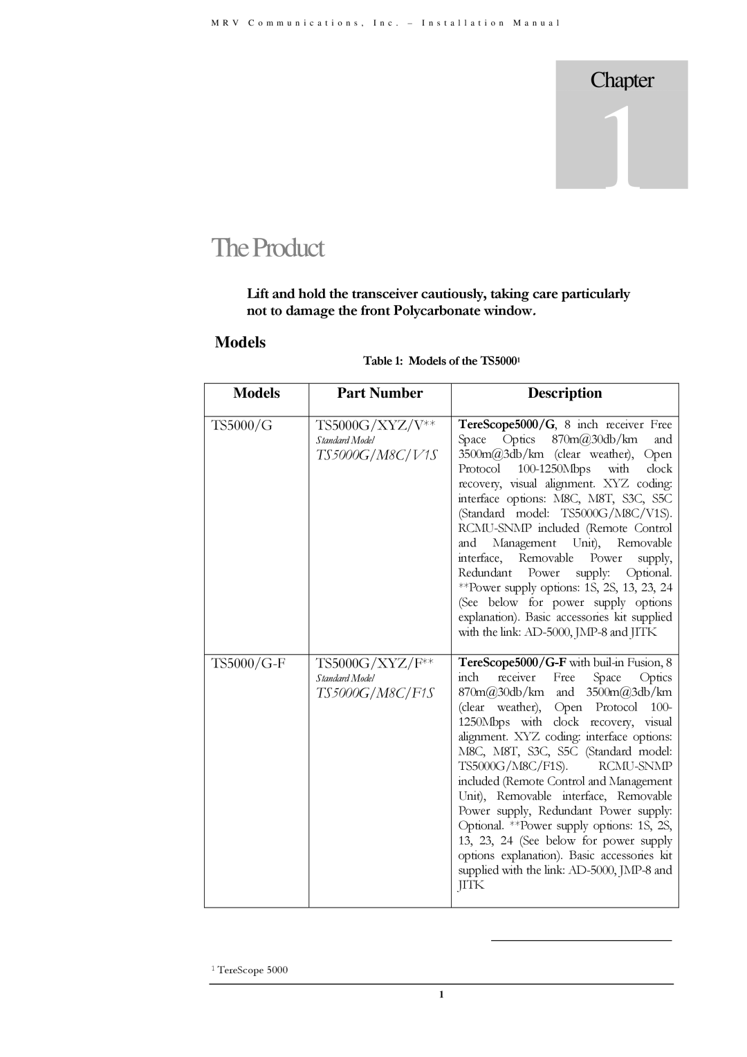 MRV Communications TS5000/XYZ/V**, TS5000/ETH/V*, TS5000/4U1/V*) TheProduct, Models Part Number Description 