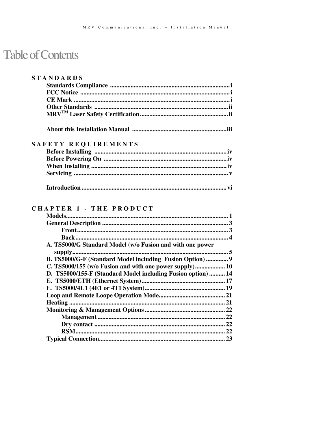 MRV Communications TS5000/XXX (TS5000G/XYZ/V**, TS5000/XYZ/V**, TS5000/ETH/V*, TS5000/4U1/V*) Table of Contents 