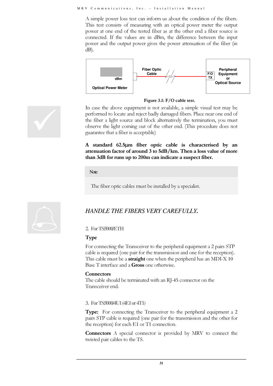 MRV Communications TS5000/4U1/V*), TS5000/XYZ/V**, TS5000/ETH/V* installation manual Handle the Fibers Very Carefully 