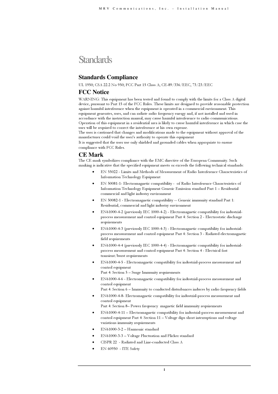 MRV Communications TS5000/4U1/V*), TS5000/XYZ/V**, TS5000/ETH/V* Standards Compliance, FCC Notice, CE Mark 