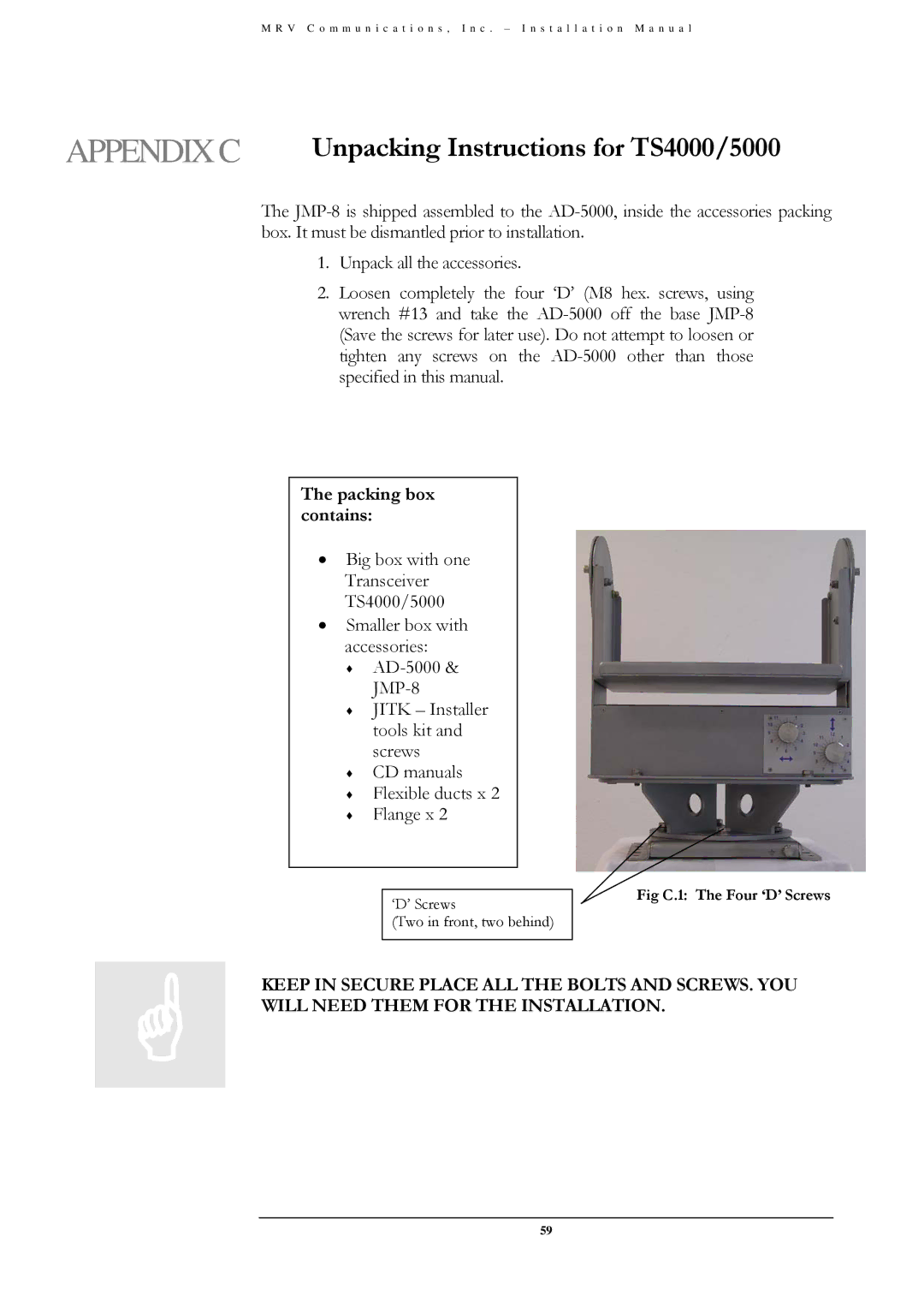 MRV Communications TS5000/4U1/V*), TS5000/XYZ/V**, TS5000/ETH/V* installation manual Appendixc, Packing box contains 