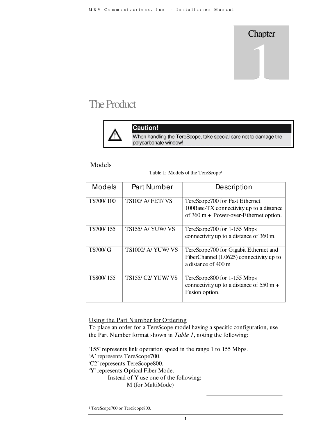 MRV Communications TS700/G, TS700/155 TheProduct, Models Part Number Description, Using the Part Number for Ordering 