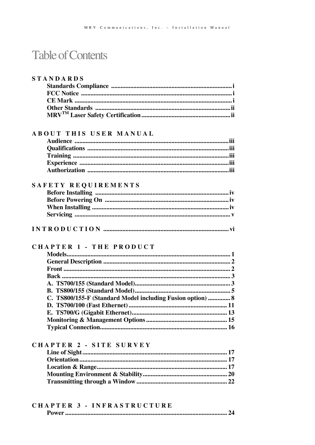 MRV Communications TS700/G, TS700/155, TS800/155, TS700/100 user manual TableofContents 