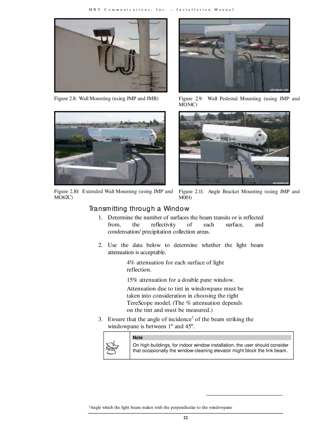 MRV Communications TS700/155, TS800/155, TS700/100, TS700/G Transmitting through a Window, Wall Mounting using JMP and JMB 