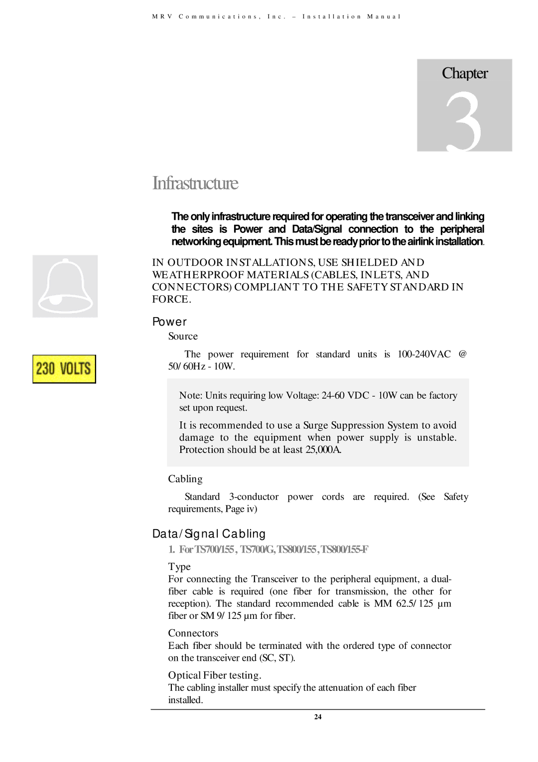 MRV Communications TS700/100, TS700/155, TS800/155, TS700/G user manual Infrastructure, Power, Data/Signal Cabling 