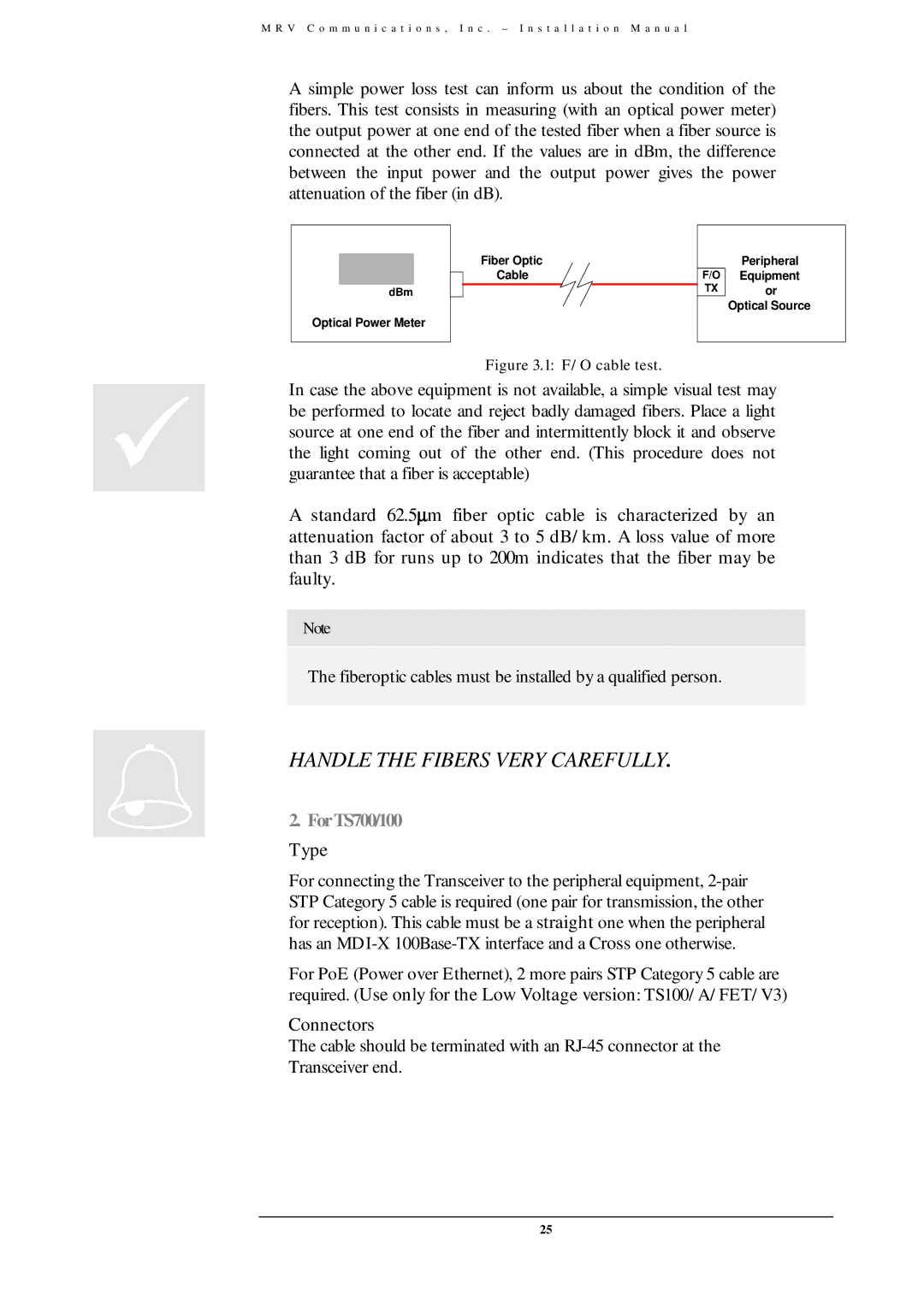 MRV Communications TS700/G, TS700/155, TS800/155, TS700/100 user manual Handle the Fibers Very Carefully 