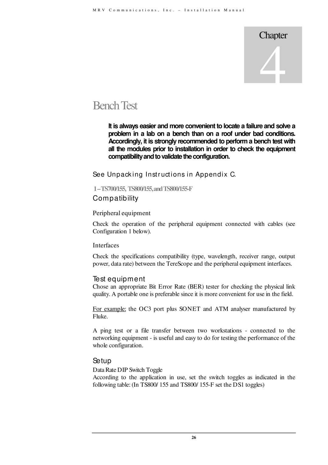 MRV Communications TS700/155, TS800/155, TS700/100, TS700/G user manual BenchTest, Compatibility, Test equipment, Setup 