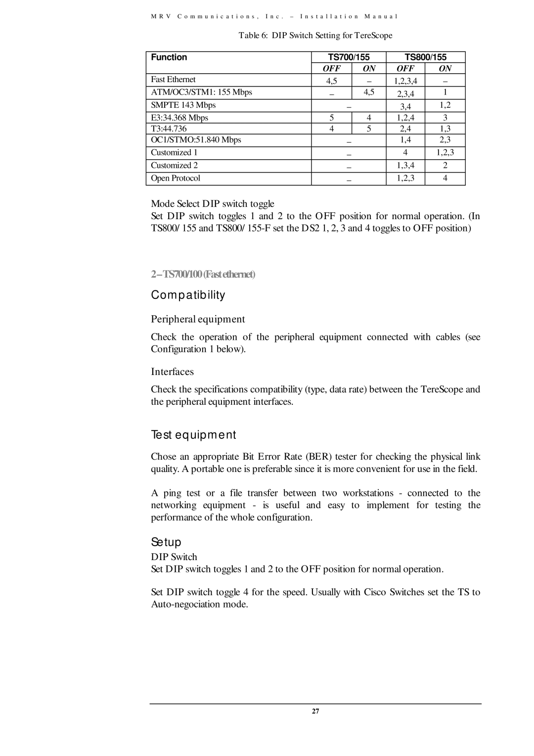 MRV Communications TS800/155, TS700/155, TS700/G user manual TS700/100Fastethernet 