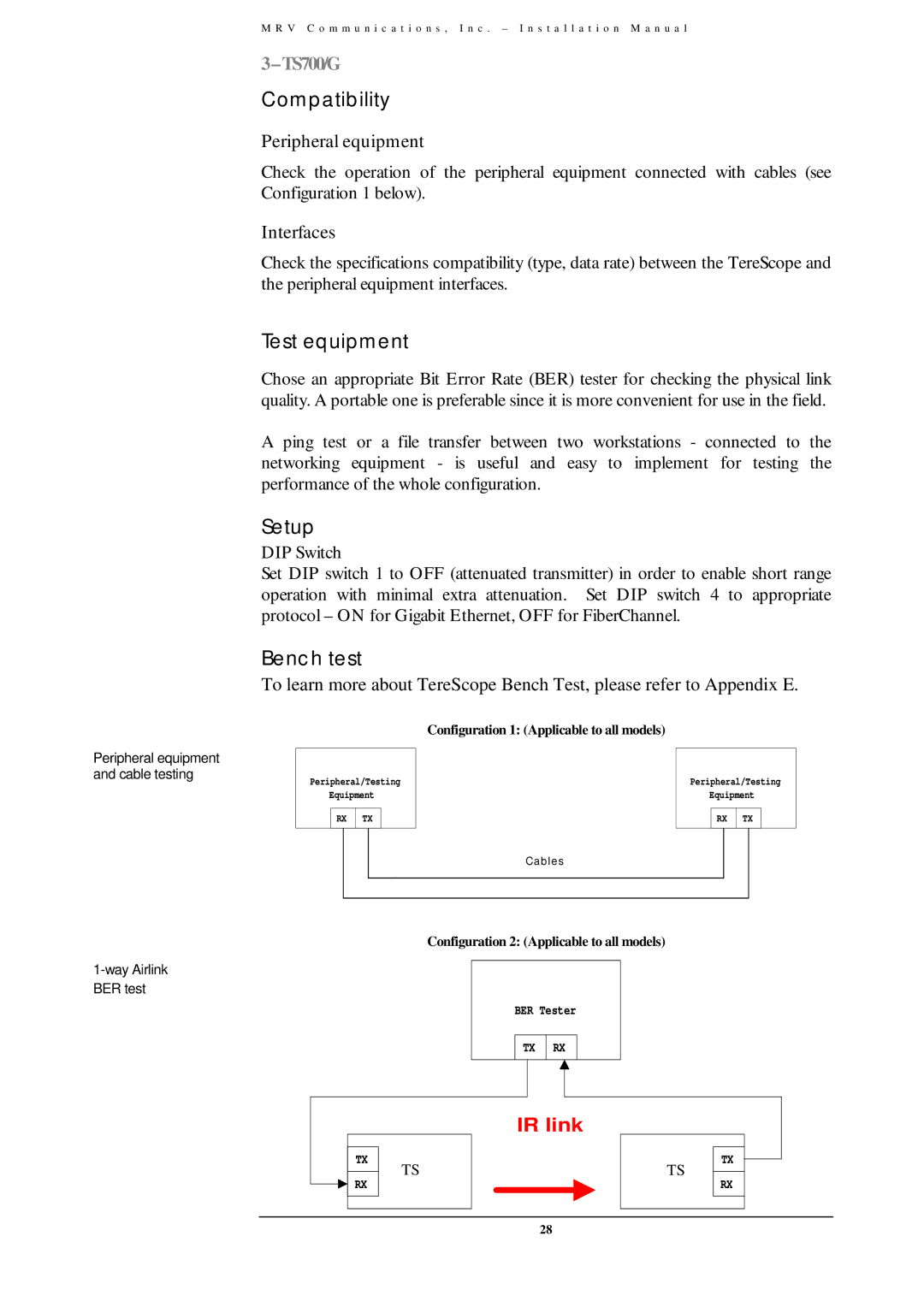 MRV Communications TS700/100, TS700/155, TS800/155, TS700/G user manual Bench test, IR link 