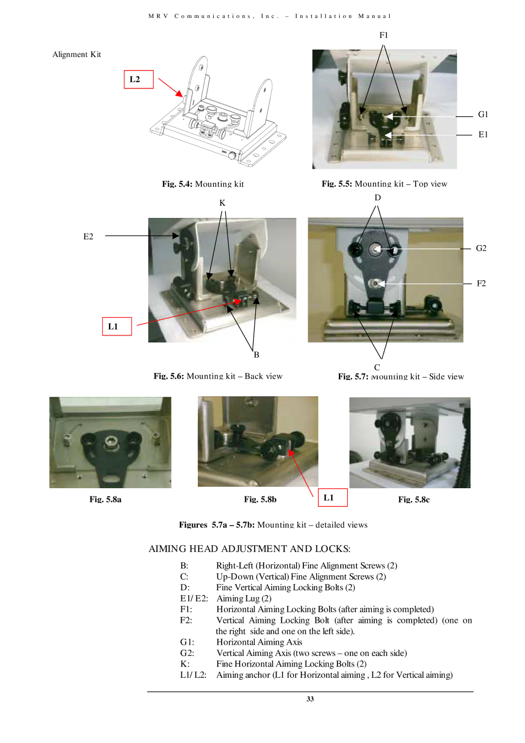 MRV Communications TS700/G, TS700/155, TS800/155, TS700/100 user manual Aiming Head Adjustment and Locks 