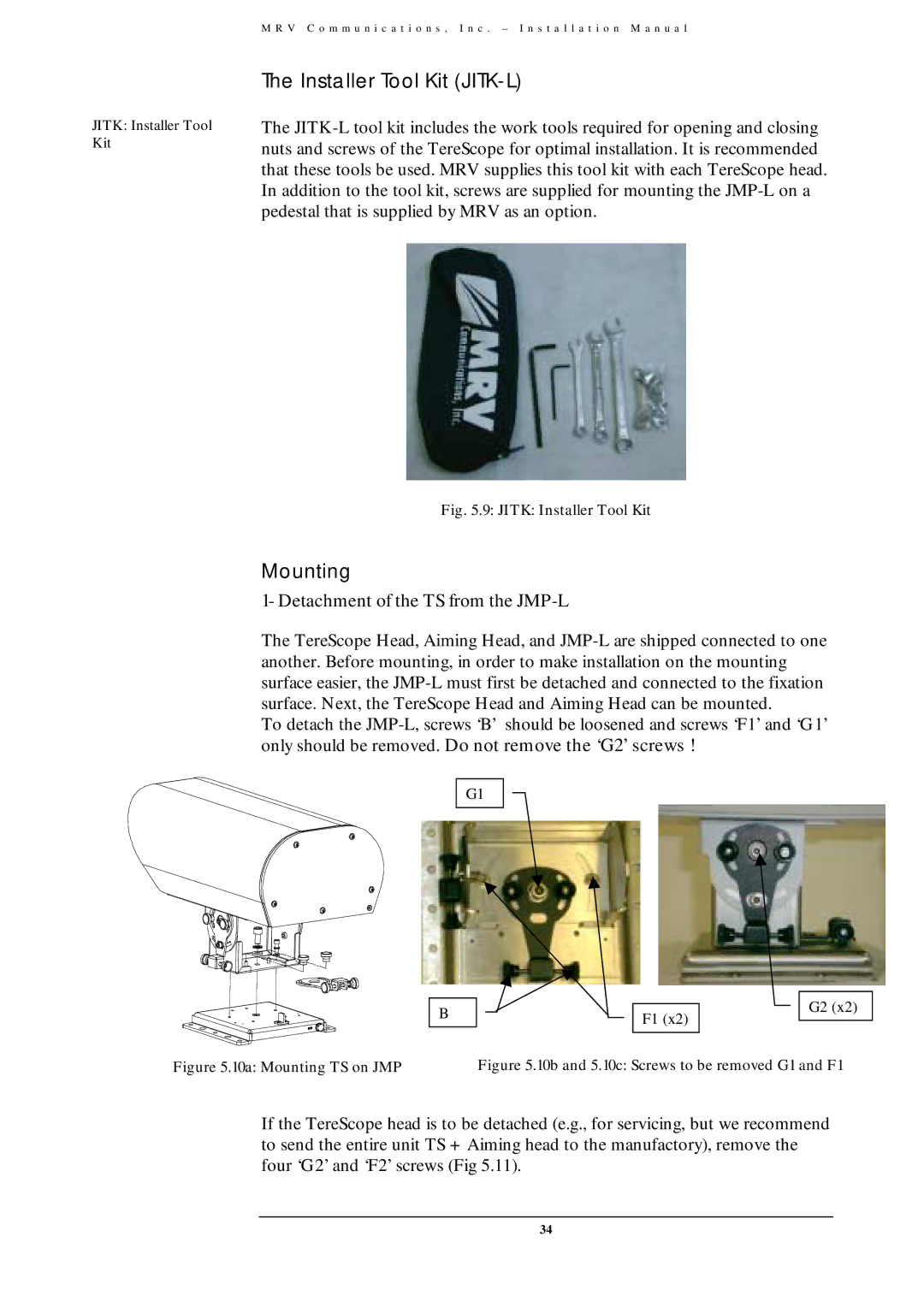 MRV Communications TS700/155, TS800/155, TS700/100 Installer Tool Kit JITK-L, Mounting, Detachment of the TS from the JMP-L 