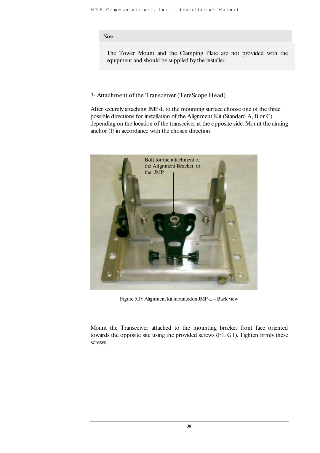 MRV Communications TS700/155 Attachment of the Transceiver TereScope Head, Alignment kit mountedon JMP-L Back view 