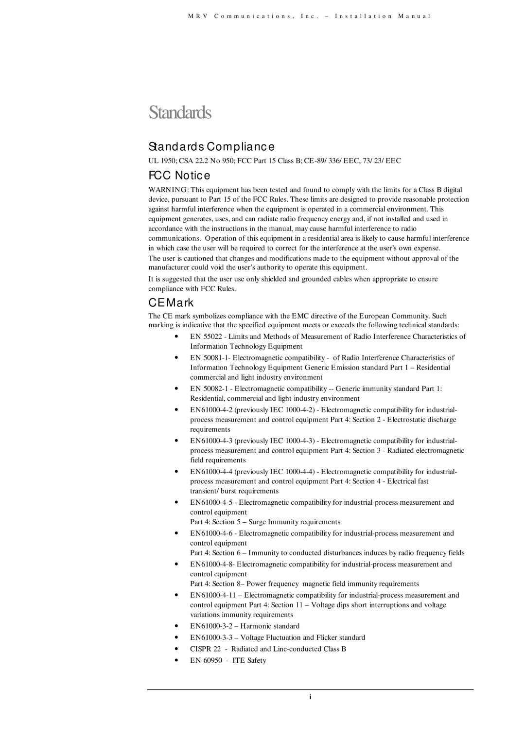 MRV Communications TS800/155, TS700/155, TS700/100, TS700/G user manual Standards Compliance, FCC Notice, CE Mark 