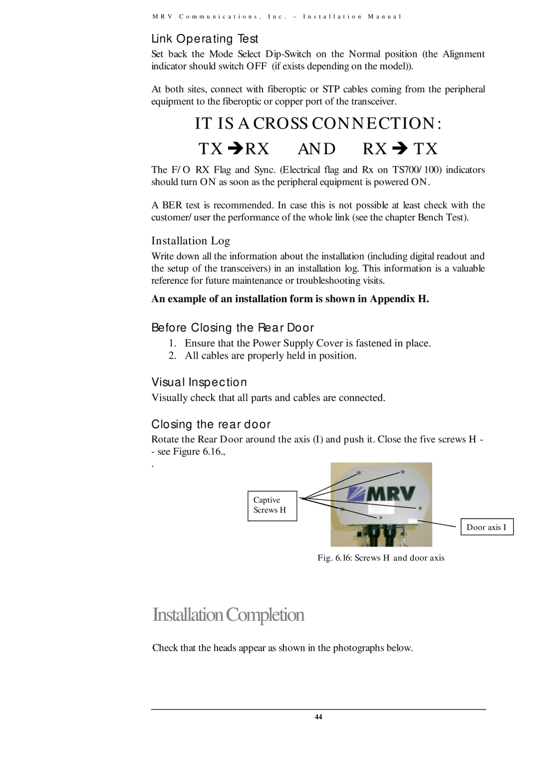 MRV Communications TS700/100 InstallationCompletion, Link Operating Test, Before Closing the Rear Door, Visual Inspection 