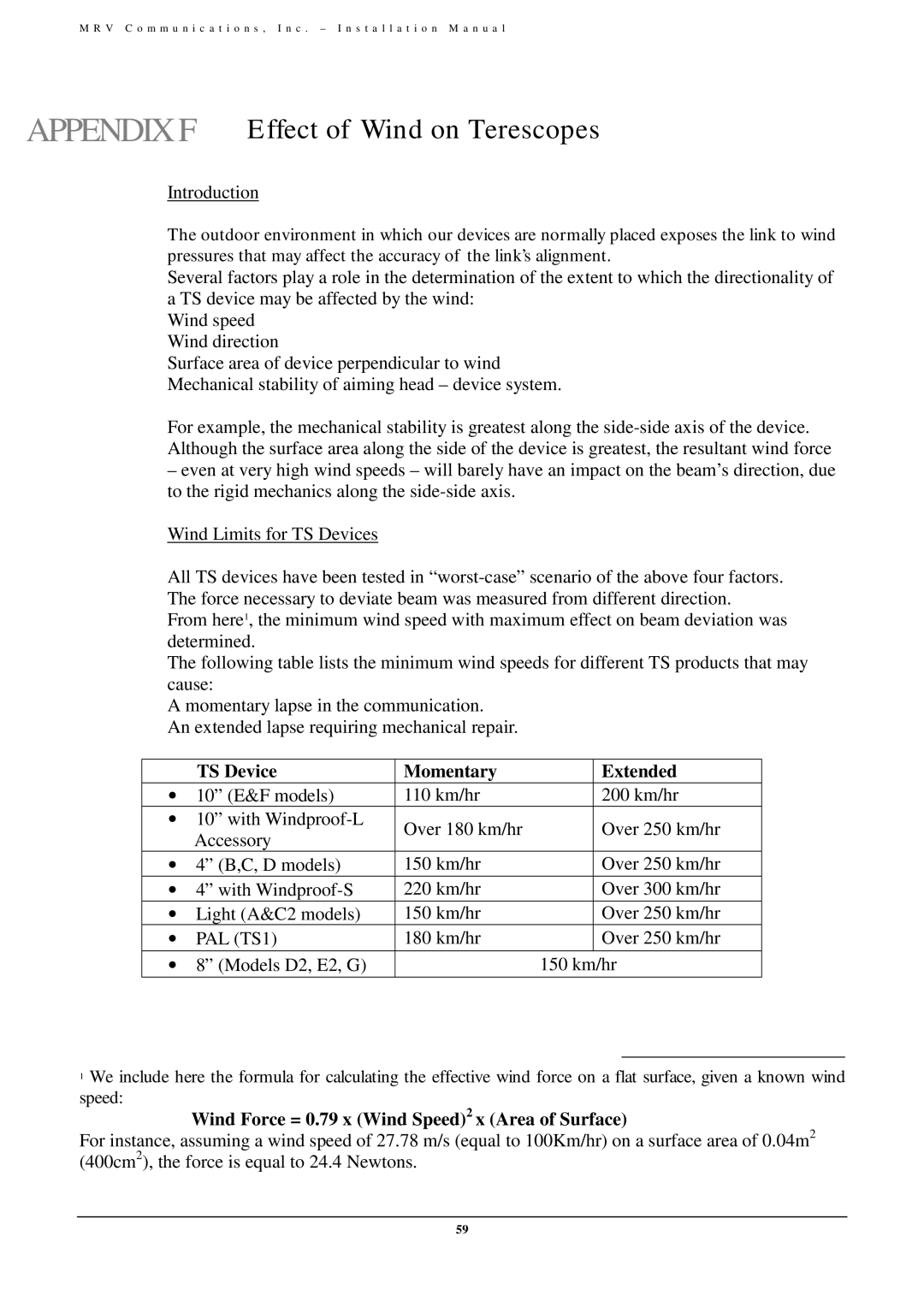 MRV Communications TS800/155, TS700/155, TS700/100, TS700/G user manual Appendixf Effect of Wind on Terescopes 