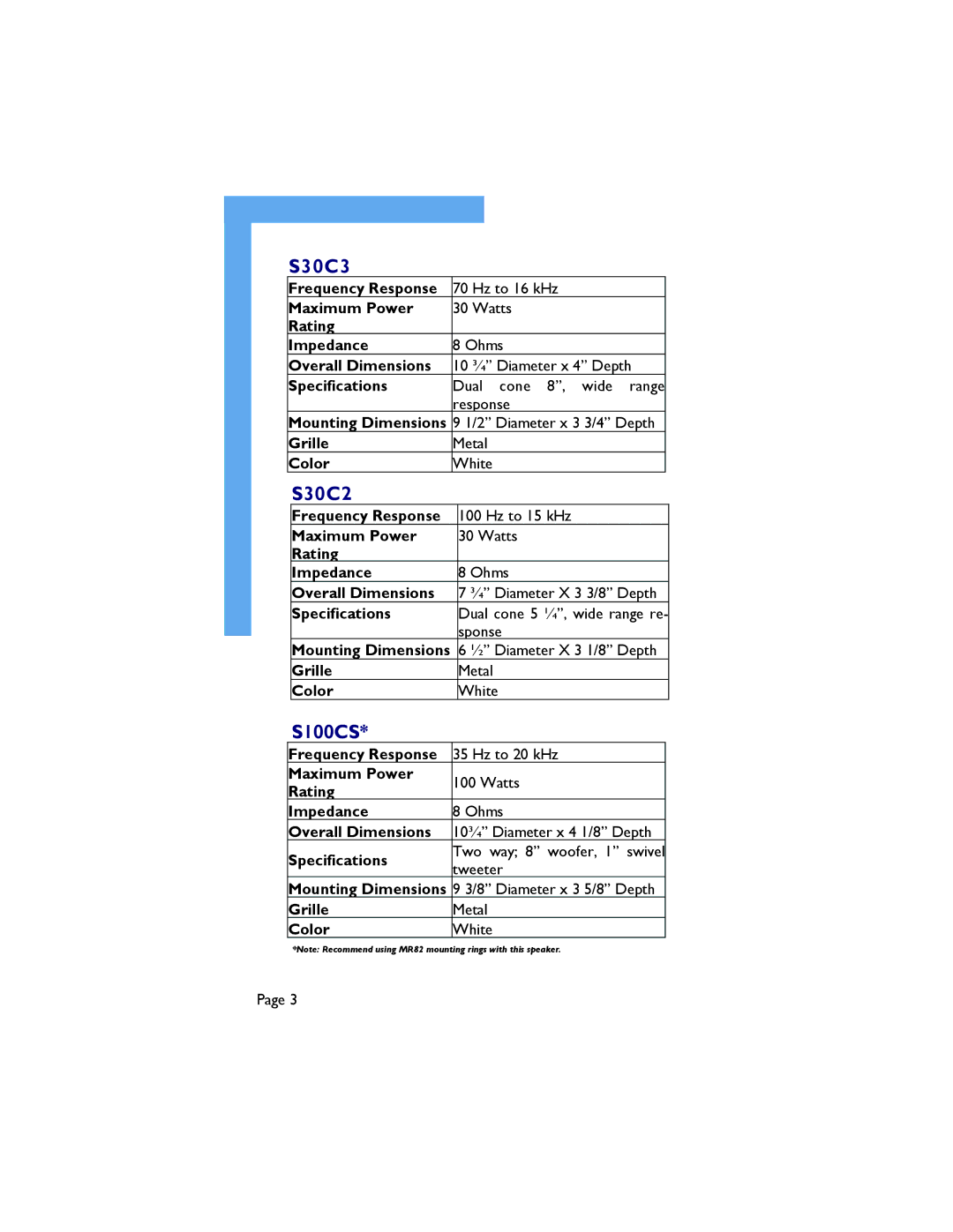 M&S Systems 8-Ohm owner manual S30C3, S30C2, S100CS 