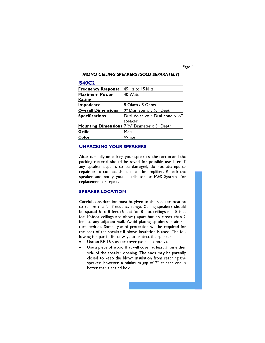 M&S Systems 8-Ohm owner manual S40C2, Unpacking Your Speakers, Speaker Location 