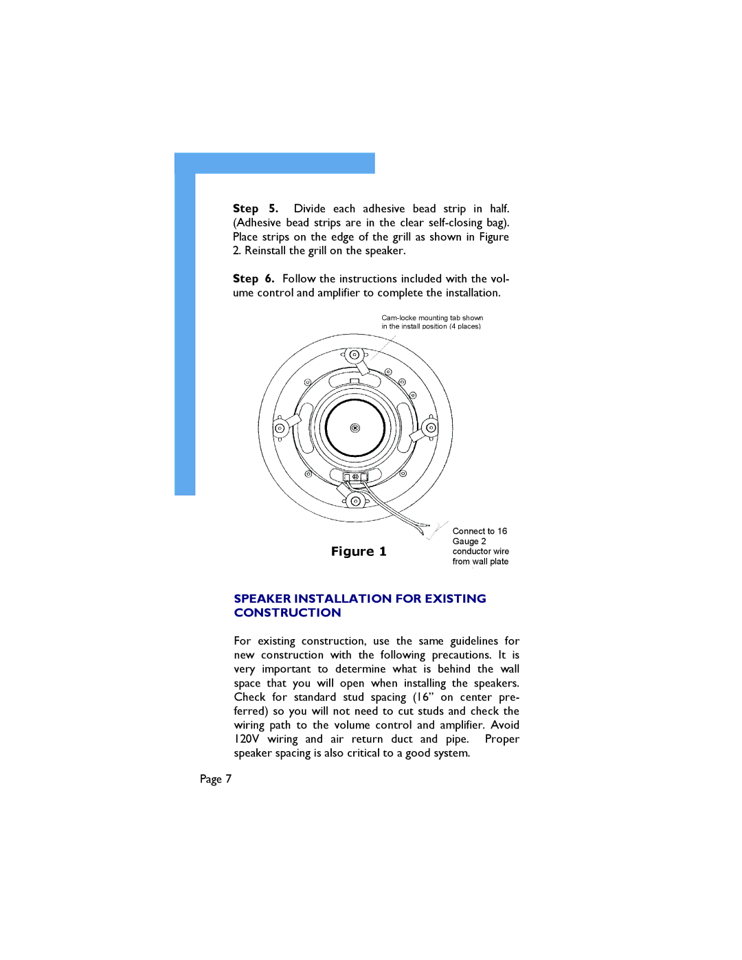 M&S Systems 8-Ohm owner manual Speaker Installation for Existing Construction, Conductor wire from wall plate 